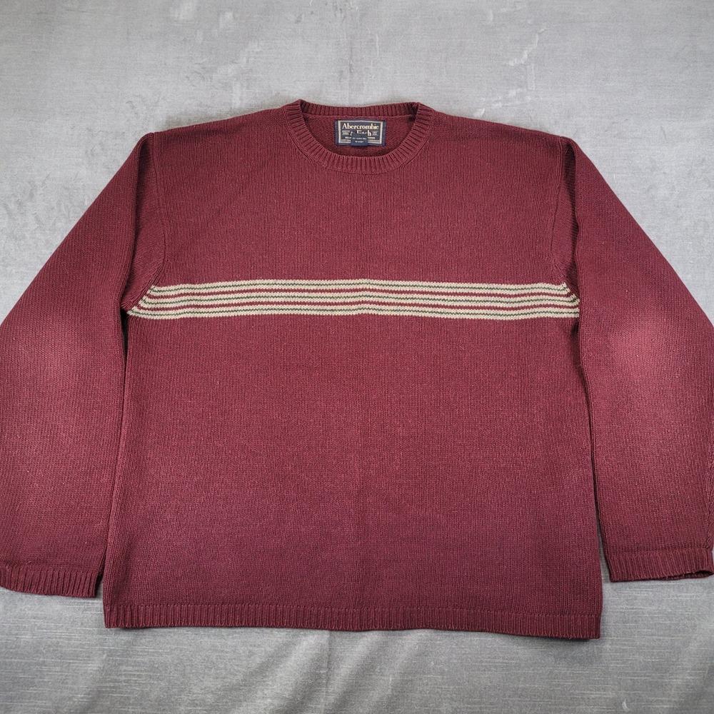 Abercrombie & Fitch Y2K Mens XL Maroon Lambswool Blend Striped Crewneck Sweater